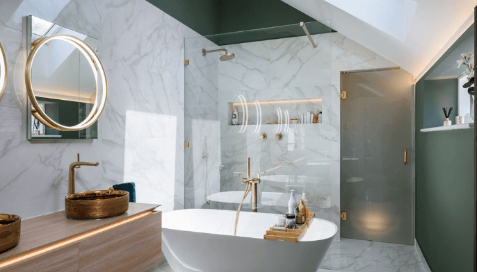 Modern fitted bathroom with walk-in shower