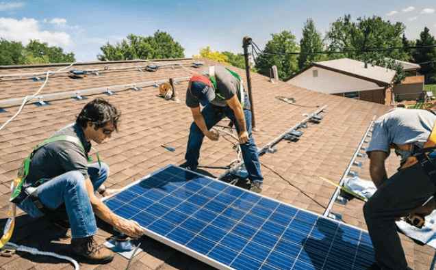 Residential solar panels on roof with inverter visible